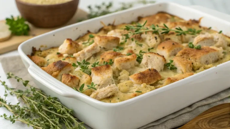 Dolly's Chicken and Stuffing Casserole in a baking dish, garnished with fresh herbs.
