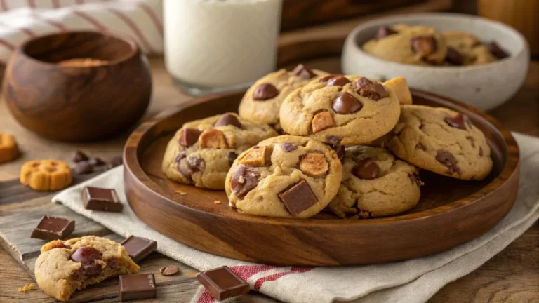 Reese's Peanut Butter Chocolate Chip Cookie Bites stacked on a plate with chocolate chips around them.
