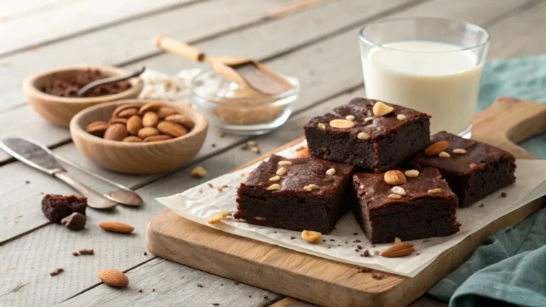Zero-waste pulp brownies made from almond pulp, served on a wooden kitchen table with almonds and a glass of almond milk.