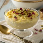Bowl of saffron vanilla rice pudding with pistachios and rose petals in a vintage glass bowl on a rustic table