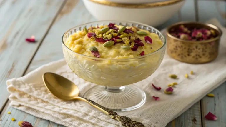 Bowl of saffron vanilla rice pudding with pistachios and rose petals in a vintage glass bowl on a rustic table
