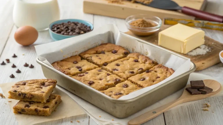 Freshly baked cake mix toffee bars cut into squares in a baking pan