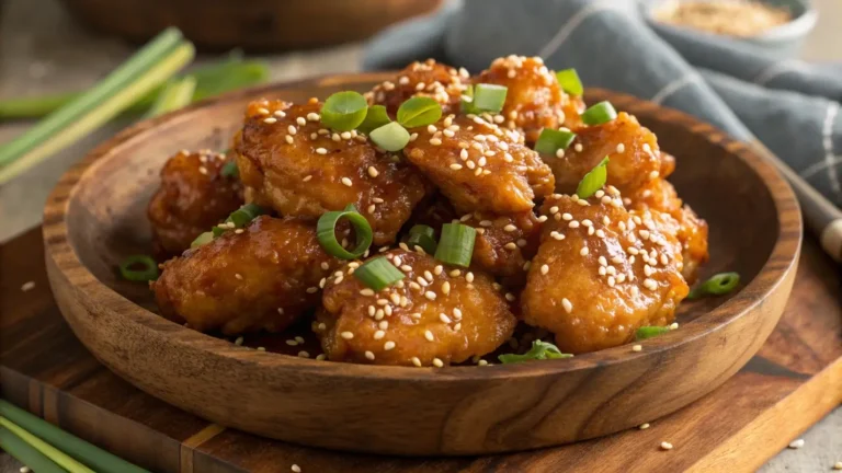 Spicy Honey Chicken glazed with sticky honey sauce, garnished with sesame seeds and green onions