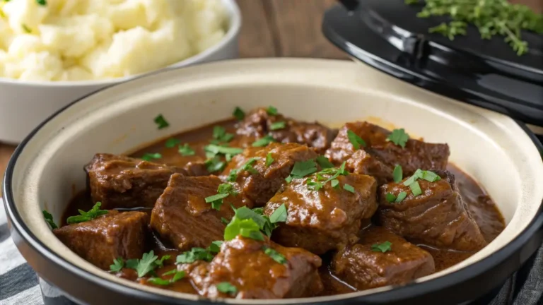Tender and juicy Crockpot steak bites slow-cooked to perfection, served with fresh parsley garnish.