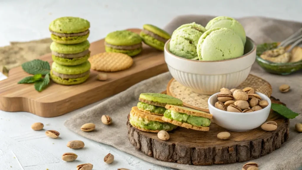 Variety of Pistachio Flavors desserts including ice cream, cookies, and pastries on a wooden surface, showcasing pistachio versatility in cooking.