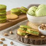 Variety of Pistachio Flavors desserts including ice cream, cookies, and pastries on a wooden surface, showcasing pistachio versatility in cooking.