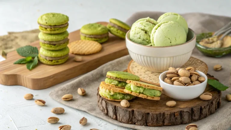 Variety of Pistachio Flavors desserts including ice cream, cookies, and pastries on a wooden surface, showcasing pistachio versatility in cooking.