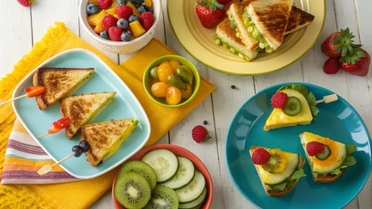 Pickle-Fusion Delights on a rustic table including grilled cheese, cupcakes, and tropical skewers with pickle garnishes.