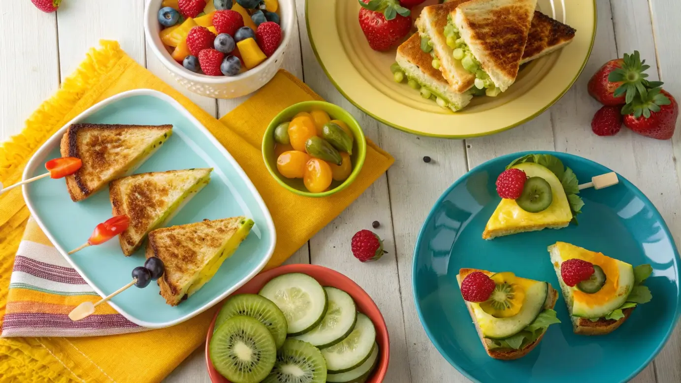 Pickle-Fusion Delights on a rustic table including grilled cheese, cupcakes, and tropical skewers with pickle garnishes.