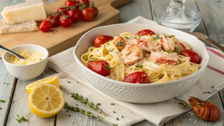 Creamy Trader Joe’s 20-Minute Lobster Pasta in a white bowl with cherry tomatoes and lemon zest on a rustic table.