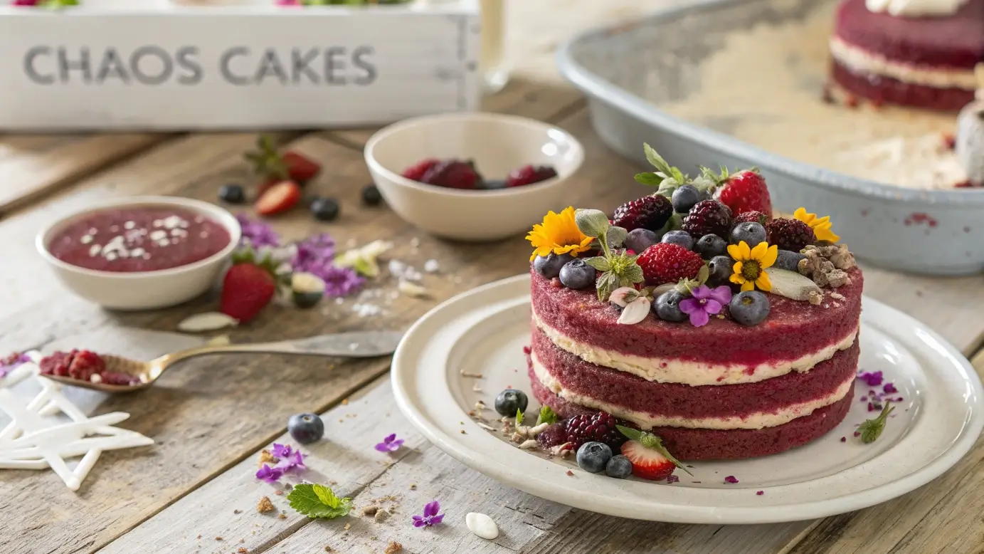 Close-up of a freshly baked Chaos Cakes, showcasing its rich texture and vibrant layers. Garnished with [ingredient(s)] and elegantly plated, captured in soft natural light on a rustic wooden table.