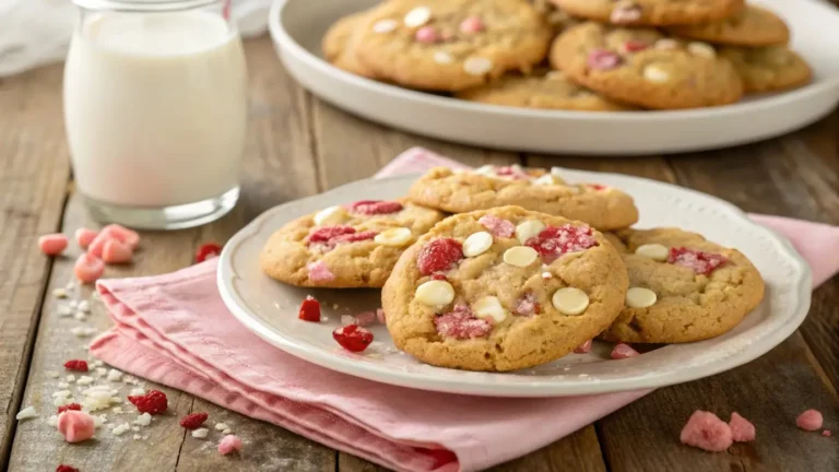 Strawberry crunch cookies with golden crispy topping and pink strawberry crumble on a white plate.