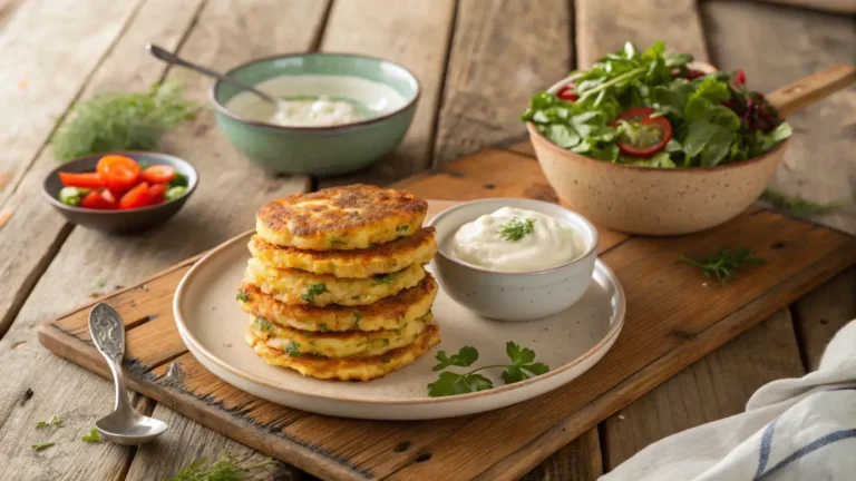 Golden cheesy vegetable fritters served with dip and fresh salad on a rustic table
