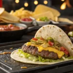 Smash burger taco sizzling on a skillet with cheese, pickles, and lettuce toppings