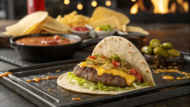 Smash burger taco sizzling on a skillet with cheese, pickles, and lettuce toppings