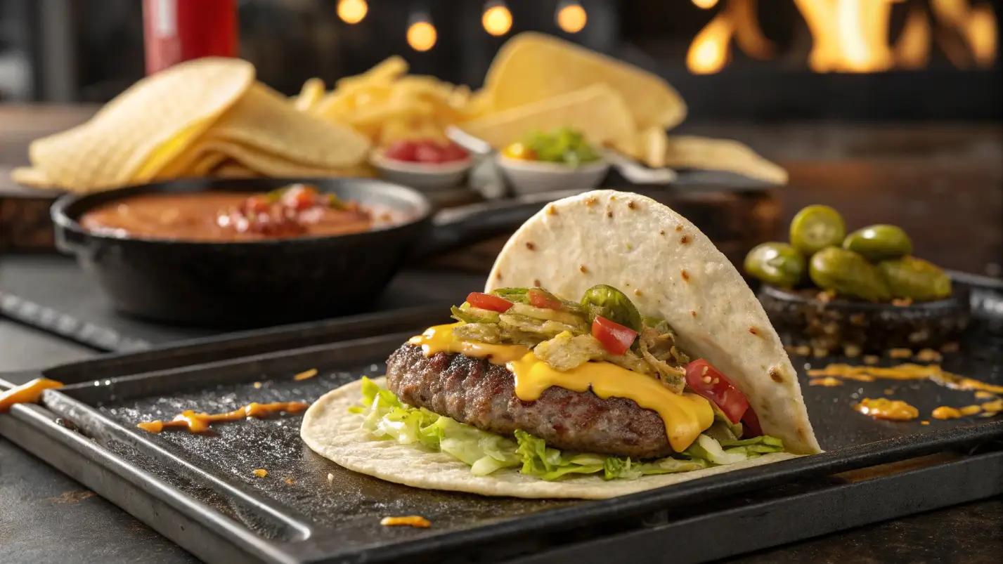 Smash burger taco sizzling on a skillet with cheese, pickles, and lettuce toppings