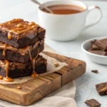 Close-up of miso caramel brownies stacked on a board with caramel drizzled on top and tea in the background