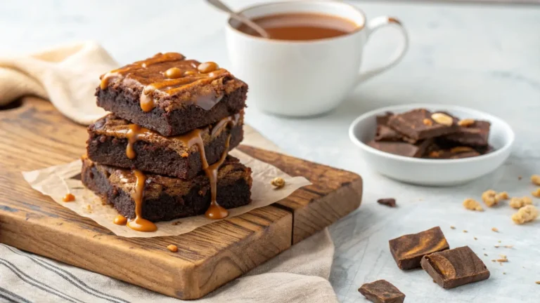 Close-up of miso caramel brownies stacked on a board with caramel drizzled on top and tea in the background