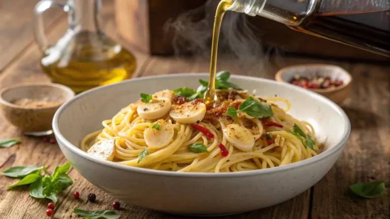 Sizzling spaghetti pasta with golden garlic, fresh herbs, and hot olive oil being poured for a sizzling effect.