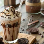 Tall glass of Milo Oreo Milky Drink topped with whipped cream and crushed Oreos