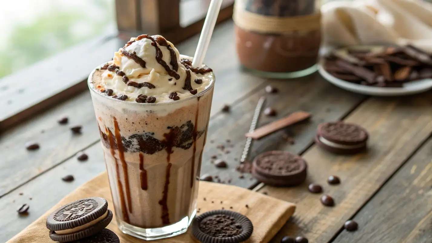 Tall glass of Milo Oreo Milky Drink topped with whipped cream and crushed Oreos