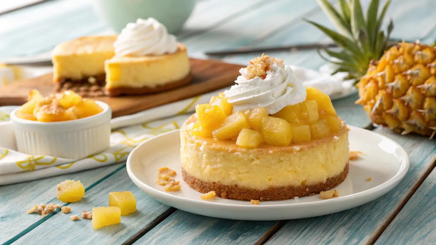 Juicy Pineapple Heaven Cake topped with whipped cream and crushed pineapple, served outdoors on a plate.