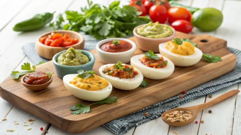 Colorful egg flight platter with assorted toppings and sauces on a wooden board for brunch
