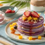 Stack of ube mochi pancakes topped with fruits and coconut, served on a brunch table.