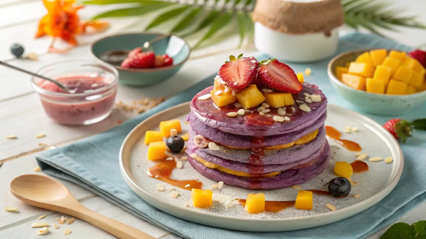 Stack of ube mochi pancakes topped with fruits and coconut, served on a brunch table.