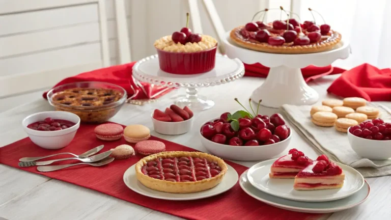 "Cherry-Coded Delights" Cherry-themed desserts and savory dishes displayed on a styled table with red accents and natural light.