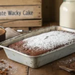 Chocolate Wacky Cake in vintage pan dusted with powdered sugar on a wooden kitchen table