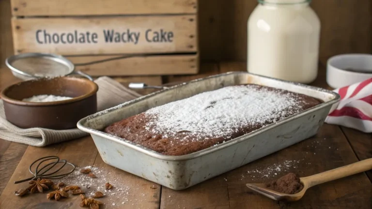 Chocolate Wacky Cake in vintage pan dusted with powdered sugar on a wooden kitchen table