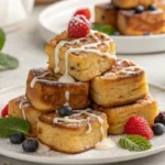 Golden brown cinnamon roll French toast bites drizzled with icing and garnished with fresh berries and mint leaves on a white plate.