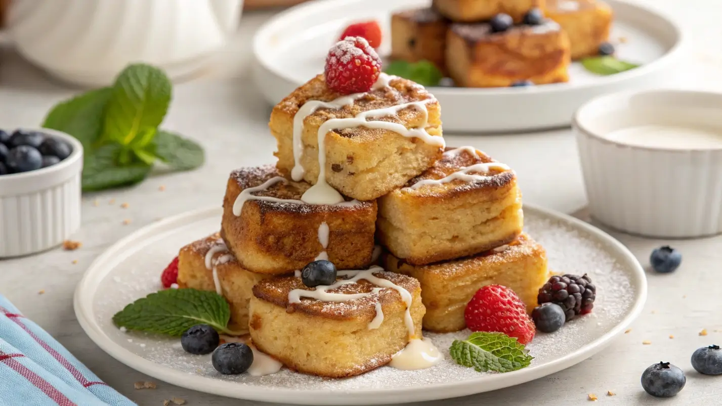Golden brown cinnamon roll French toast bites drizzled with icing and garnished with fresh berries and mint leaves on a white plate.