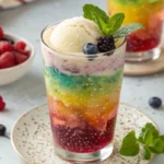 A colorful glass of kombucha Rebel Floats topped with creamy banana nice cream and fresh mint garnish.