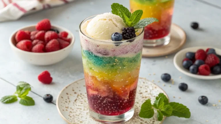 A colorful glass of kombucha Rebel Floats topped with creamy banana nice cream and fresh mint garnish.