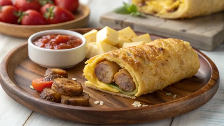 Sausage, Egg, and Cheese Breakfast Roll-Ups served with salsa and fruit, a perfect easy and healthy breakfast option.