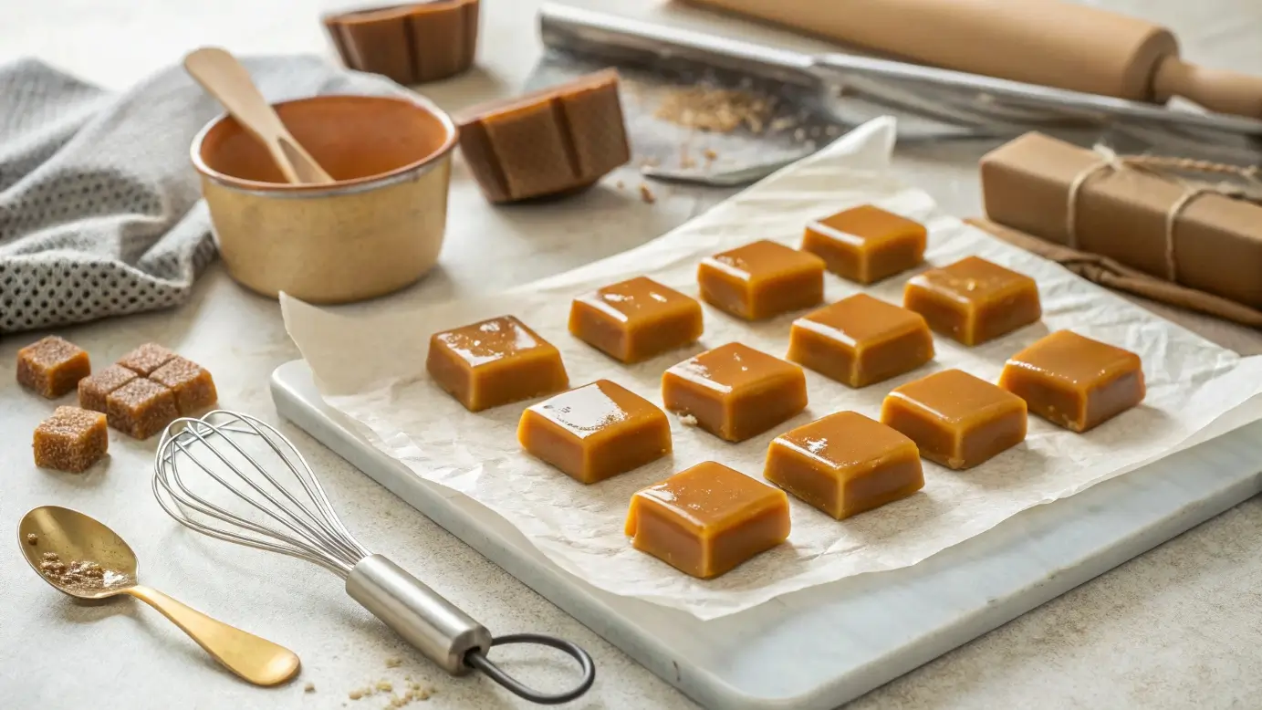 Golden squares of homemade six minute caramels on parchment with wrapping paper and kitchen tools