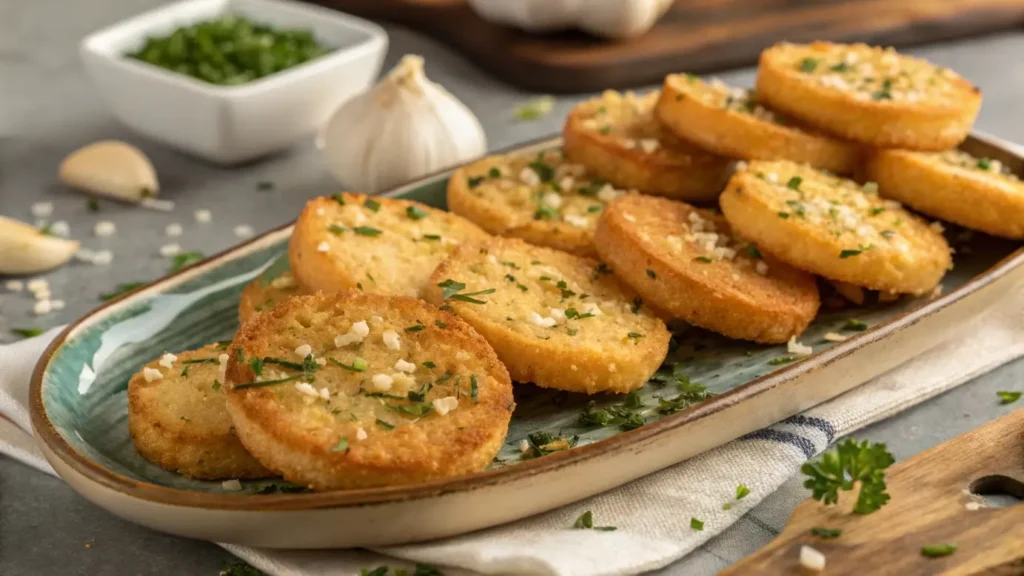 Deliciously golden Garlic Ritz Snacks served with a sprinkle of herbs, perfect for a savory snack.