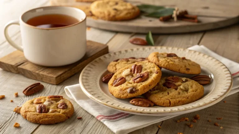 Plate of homemade butter pecan cookies with toasted pecans and golden edges, accompanied by a cup of tea