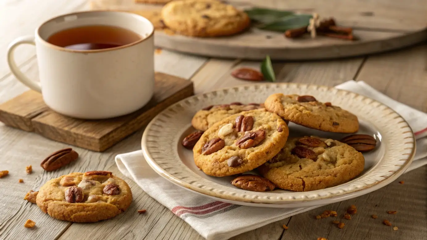 Plate of homemade butter pecan cookies with toasted pecans and golden edges, accompanied by a cup of tea