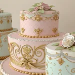 Elegant Rococo Revival Cakes decorated with pastels, gold accents, and intricate sugar flowers on a vintage display