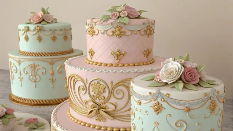 Elegant Rococo Revival Cakes decorated with pastels, gold accents, and intricate sugar flowers on a vintage display