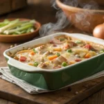 Amish Country Casserole fresh from the oven in a rustic kitchen setting