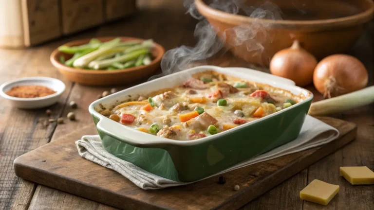 Amish Country Casserole fresh from the oven in a rustic kitchen setting