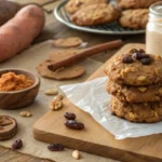 Cinnamon sweet potato breakfast cookies stacked on parchment paper with almonds, walnuts, and cinnamon in a cozy kitchen setting.