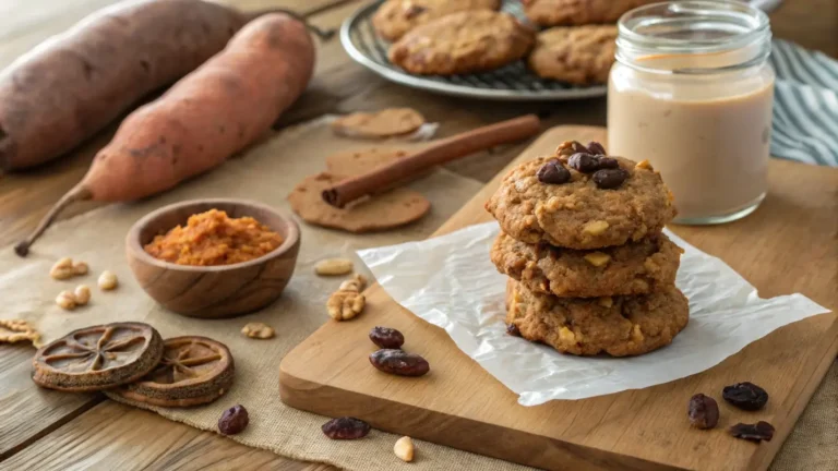Cinnamon sweet potato breakfast cookies stacked on parchment paper with almonds, walnuts, and cinnamon in a cozy kitchen setting.