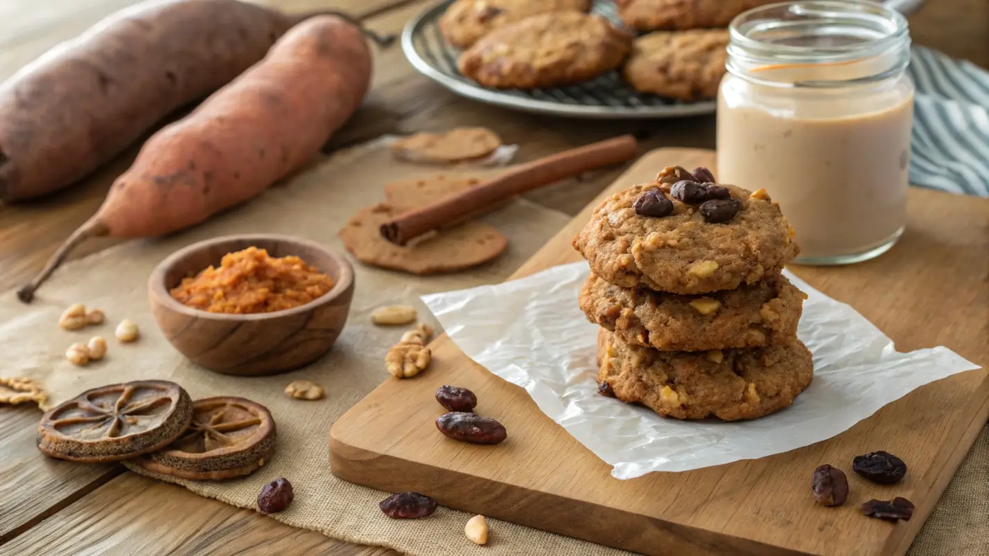 Cinnamon sweet potato breakfast cookies stacked on parchment paper with almonds, walnuts, and cinnamon in a cozy kitchen setting.