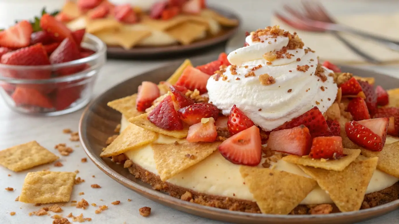 Strawberry cheesecake nachos dessert topped with whipped cream cheese, cinnamon chips, and diced strawberries