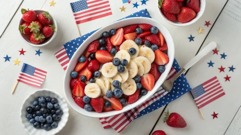 Bowl of patriotic Red, White and Blue Cheesecake Salad with summer fruits
